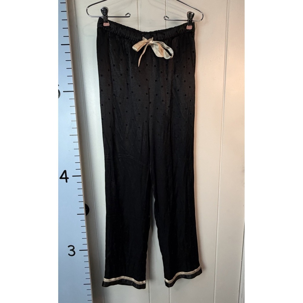 Victoria's Secret Black Satiny Polkadot Pajama Pants Pink Stripe Accents &Tie XS